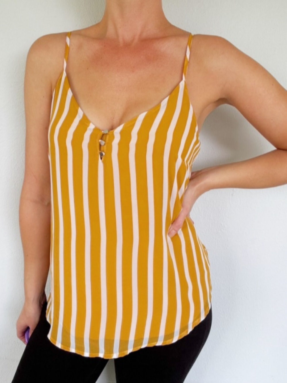 New York & Company gold white stripe spaghetti strap button tank size medium
